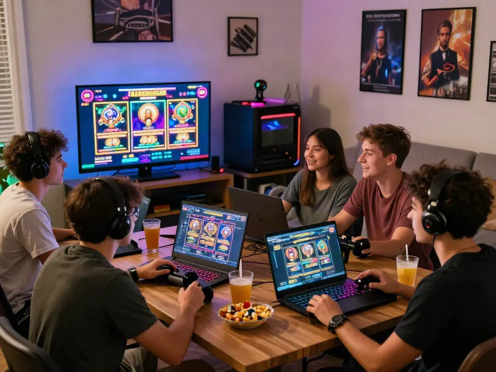 Friends enjoying an engaging slot gaming session together, showcasing vibrant screens and cozy atmosphere.