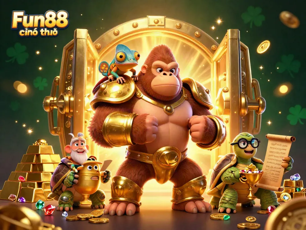 Join the adventure at Fun88 chính thức with a vibrant casino scene featuring characters and treasures.
