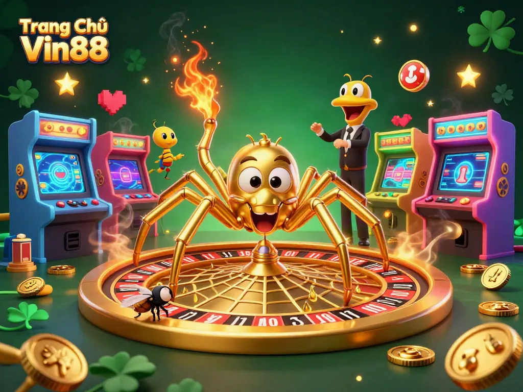 Engage with the thrilling action at Trang Chủ Vin88 as a fly nervously bets among spinning roulette webs and vibrant gaming elements.