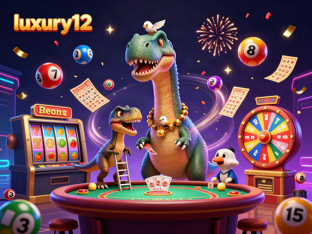 Experience thrilling gameplay with luxury12, featuring a giant brontosaurus and vibrant casino elements.