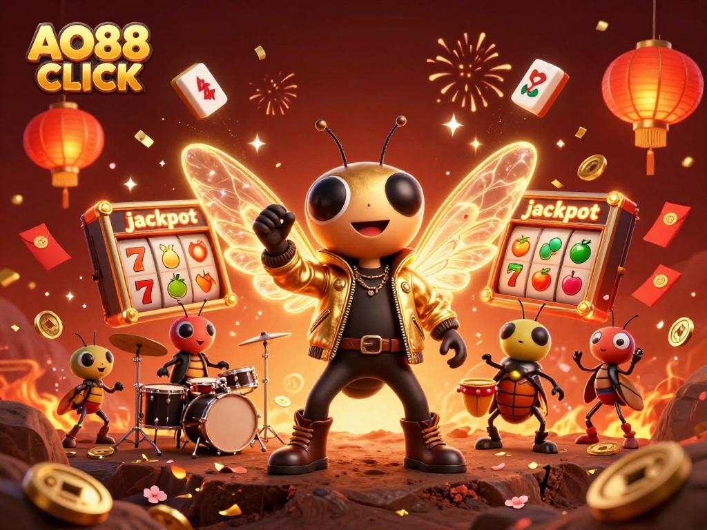 Engage with exciting games at AO88 CLICK, featuring a vibrant scene of jackpot reels and festive elements.