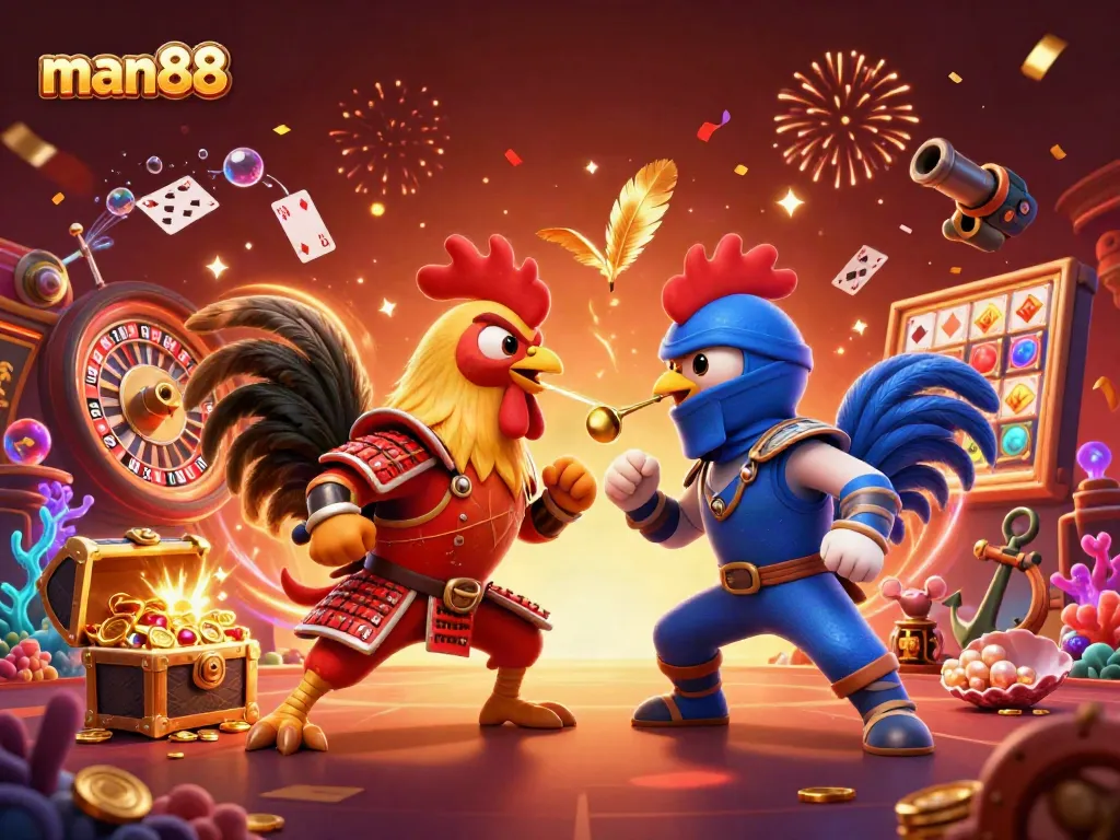 Engage with man88 while dual roosters battle amidst dynamic casino elements.