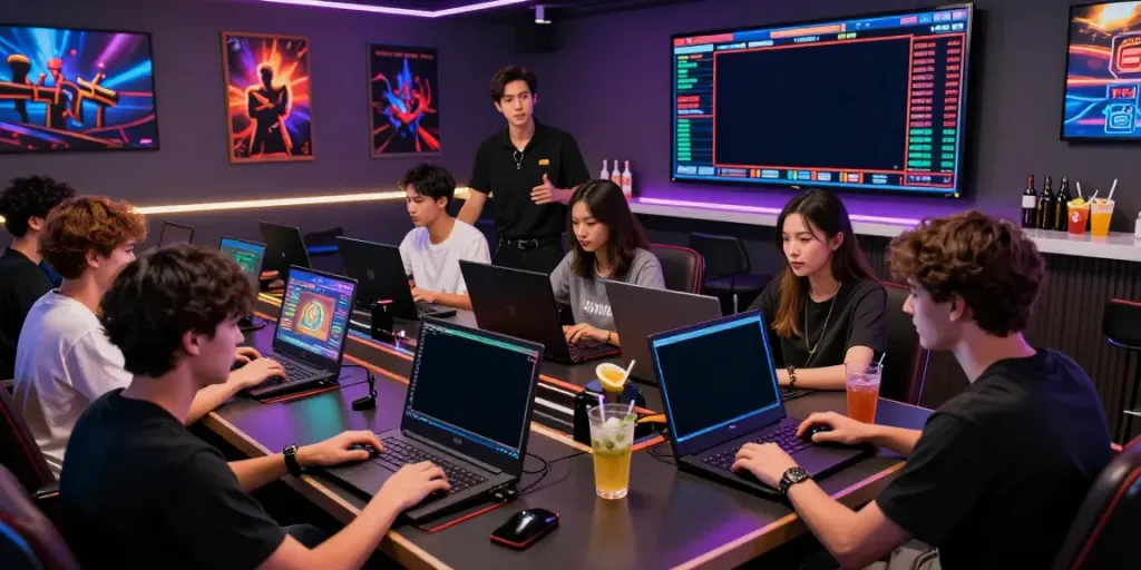 Engaged players experiencing qqmacan online gaming in a vibrant lounge atmosphere.
