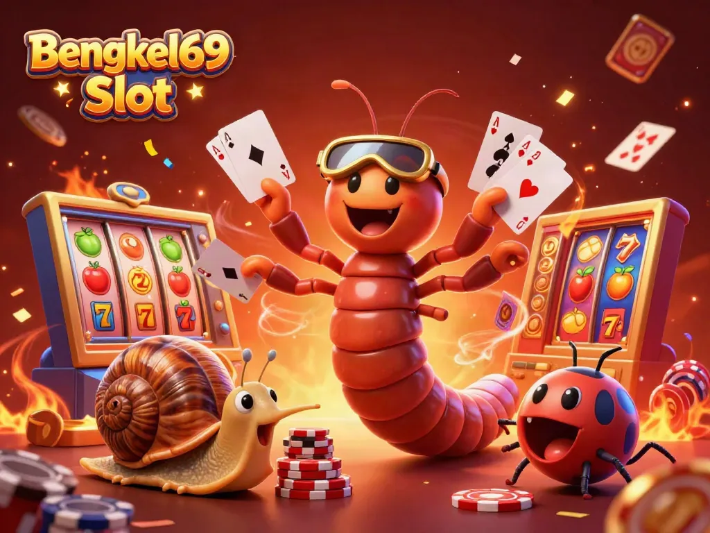 Bengkel69 Slot features a vibrant 3D casino scene with colorful slot elements and cartoon characters.