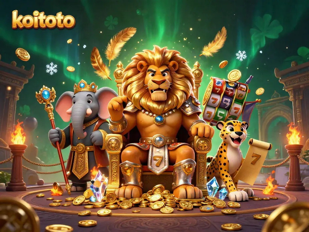 Experience thrilling moments with koitoto's vibrant casino scene featuring a royal lion king, wise elephant advisor, and dynamic cheetah messenger.