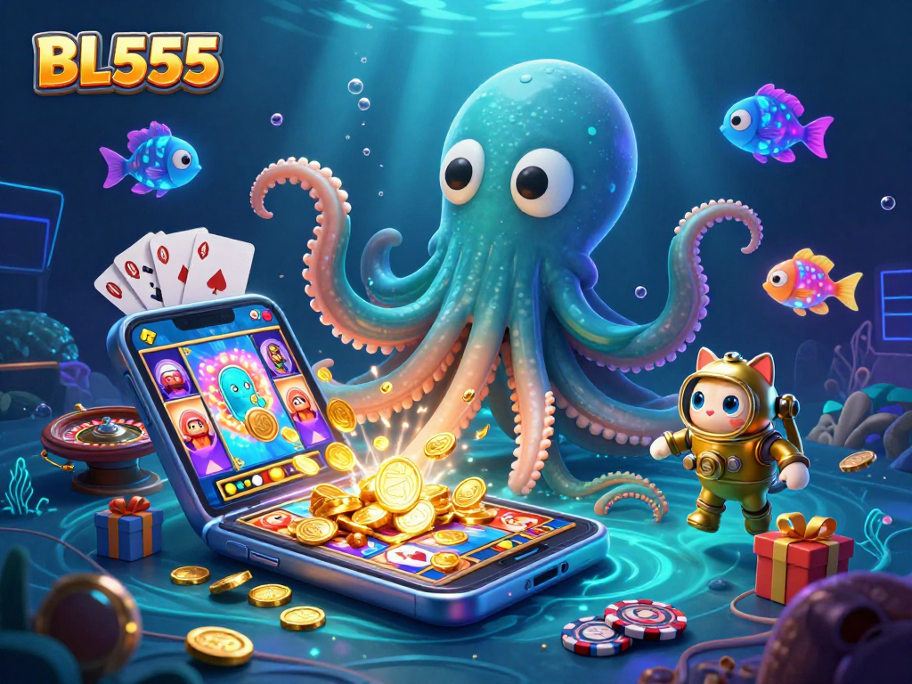 Experience thrilling gameplay at BL555 with a colossal kraken, diving cat, and vibrant 3D casino elements.