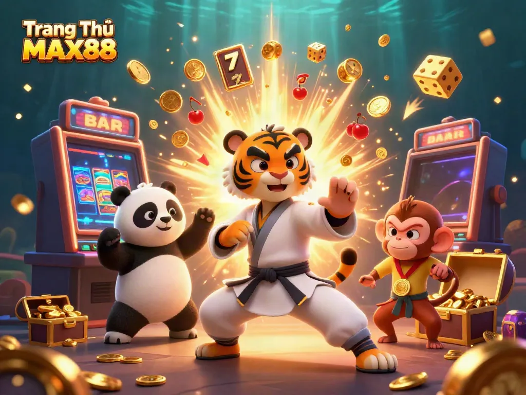 Experience thrilling gaming at Trang Chủ MAX88 with vibrant 3D characters and casino elements.