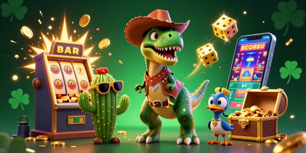 Spin the reels with slot deposit 5k as a T-Rex cowboy and friends celebrate a jackpot win in a vibrant casino scene.