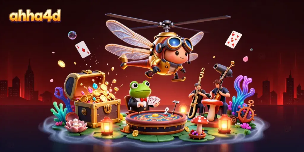 Experience thrilling bets at ahha4d with vivid illustrations of a casino scene featuring a dragonfly pilot and frog dealer.