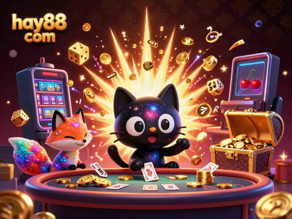 Experience the excitement at hay88 com with vibrant casino imagery and cosmic characters spinning slots and winning big!