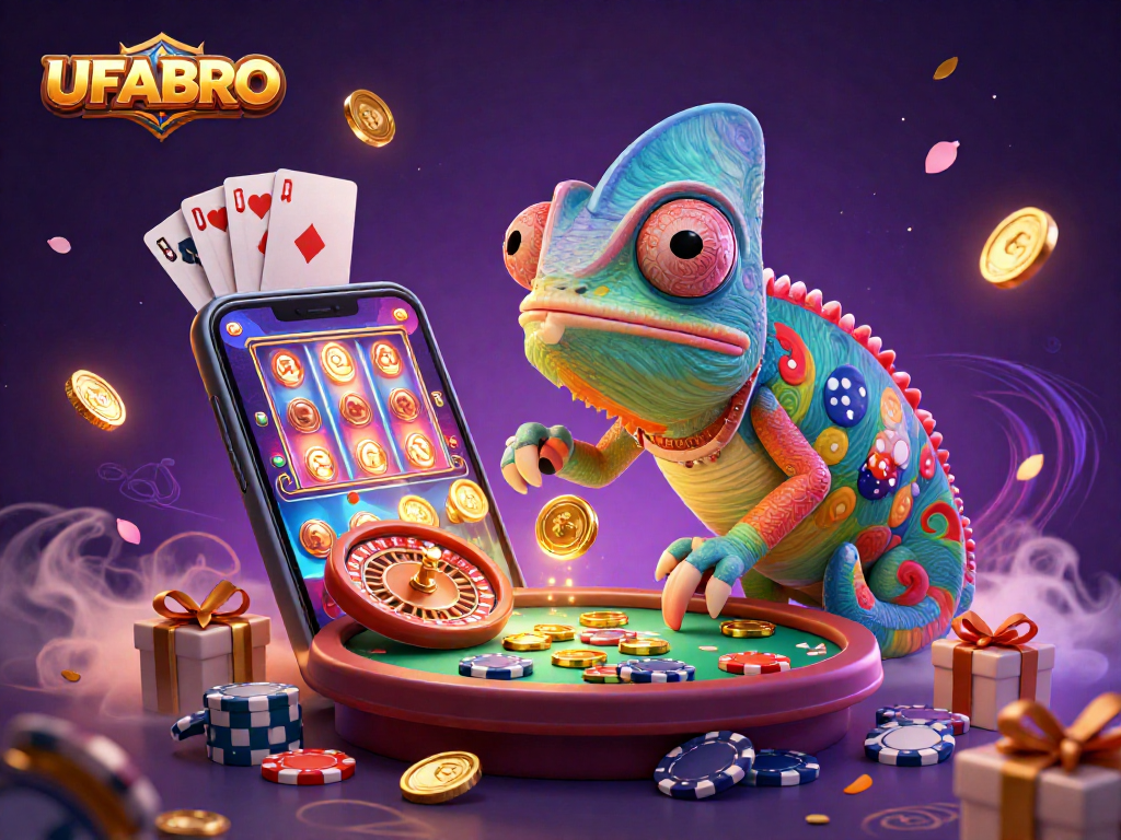 UFABRO casino scene showcasing a colorful chameleon owner while slot games and coins erupt around.