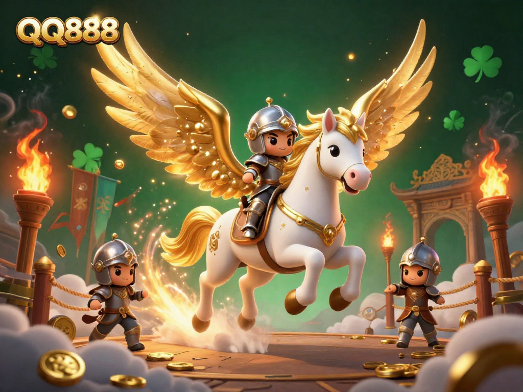 Experience thrilling action at QQ888 with a 3D illustration of a knight riding a celestial horse in a vibrant casino setting.