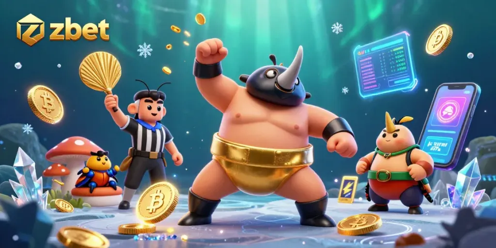 Zbet showcases thrilling gameplay with a rhinoceros beetle sumo champion amidst gold coins and crypto elements.