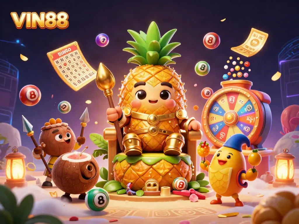 Win big at VIN88's beach casino with a vibrant scene of fun characters and thrilling elements.