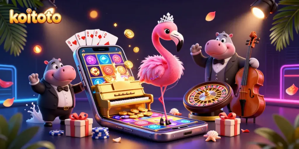 Koitoto showcases a vibrant casino scene with a flamingo singer and hippo bassist, surrounded by thrilling gaming elements.