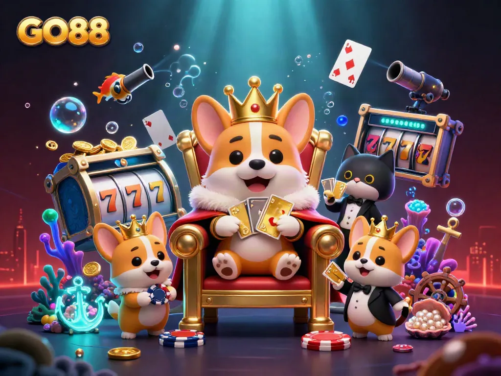 Experience GO88's vibrant casino adventure with dynamic slots and a royal corgi on a throne
