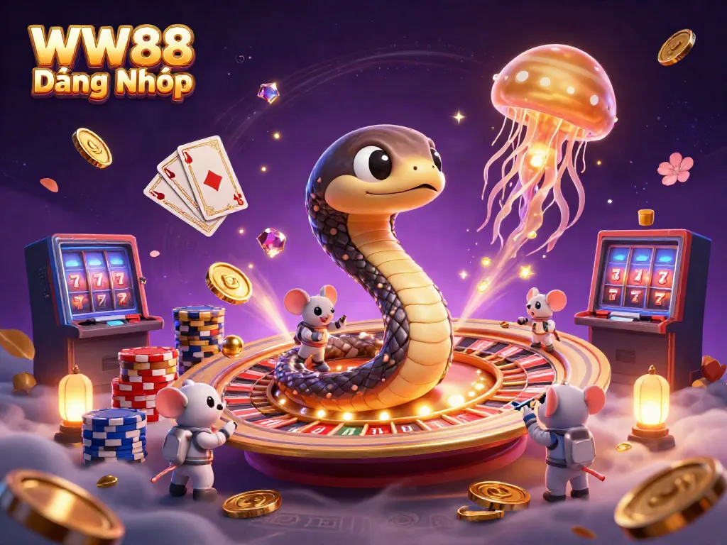 Engaging scene depicting WW88 Đăng Nhập experience with cosmic casino characters and vibrant gambling elements.