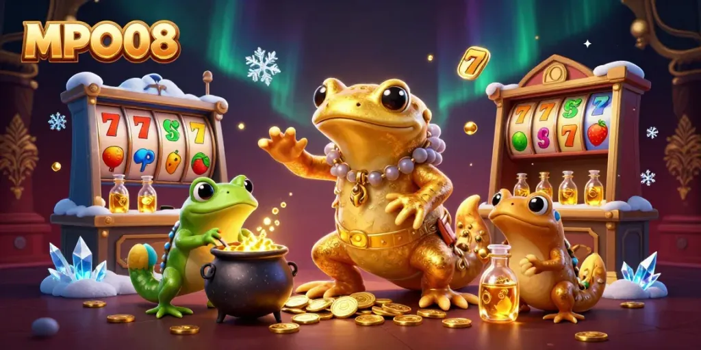 MPO08 showcases a magical casino environment where a giant golden salamander and friends create gold from metal, surrounded by slots and jackpots.
