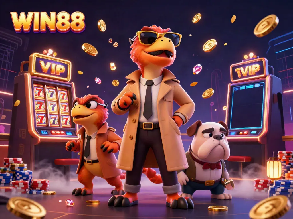 Experience the thrilling excitement of WIN88 in a vibrant casino scene with playful raptors and slot machines.
