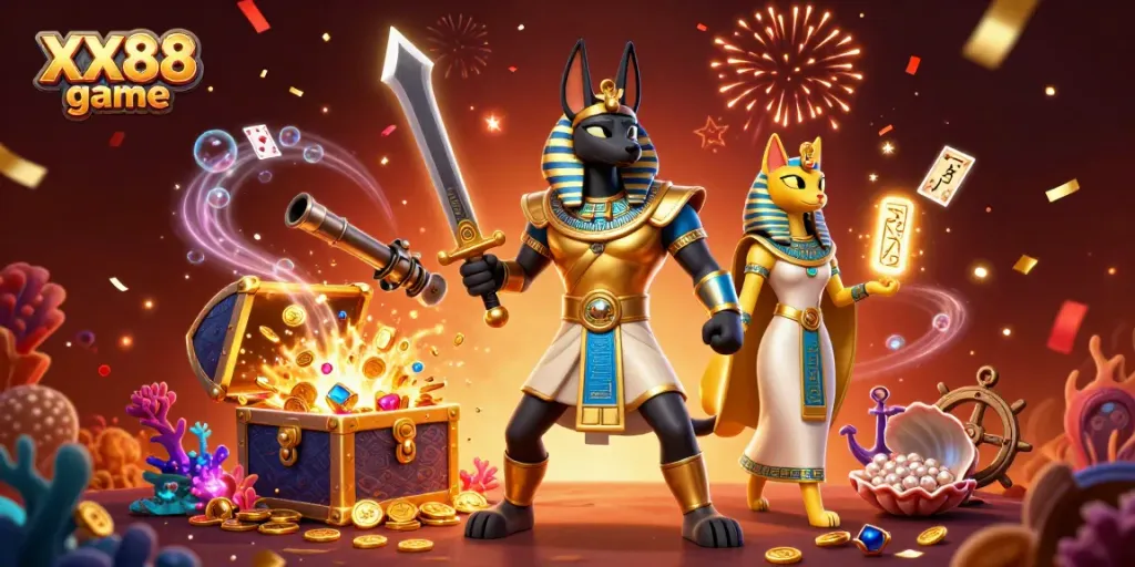 Win big with XX88 game featuring Anubis and Bastet in a vibrant casino adventure.