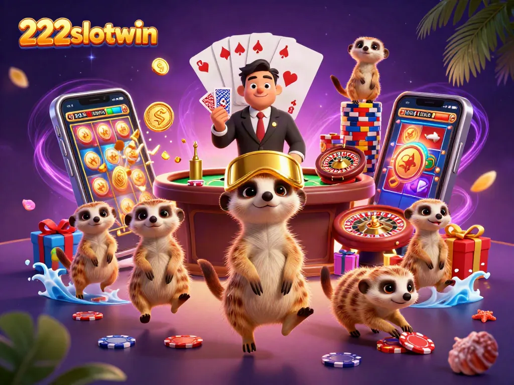 Permainan slot yang mengasyikkan di 222slotwin, merayakan kesuksesan dengan karakter meerkat di kasino.