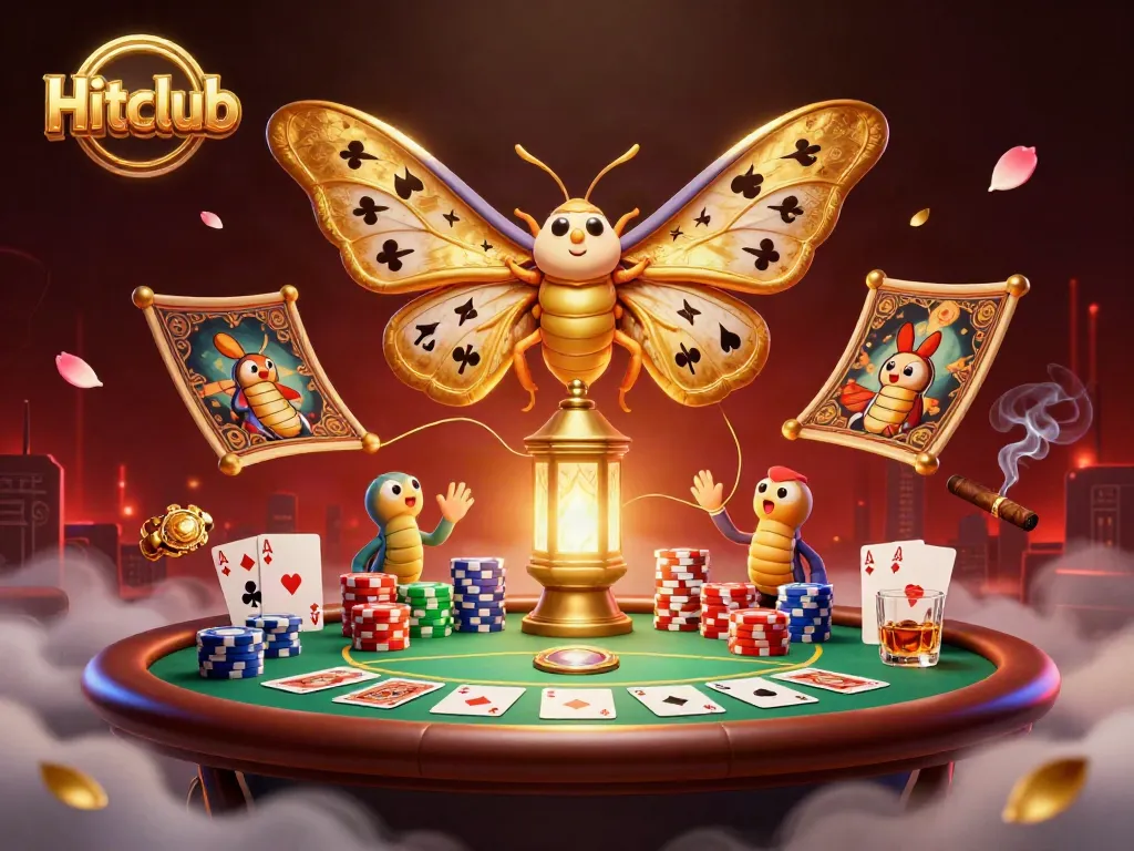 Engage with Hitclub's vibrant casino scene featuring a magical 3D atlas moth among poker elements.