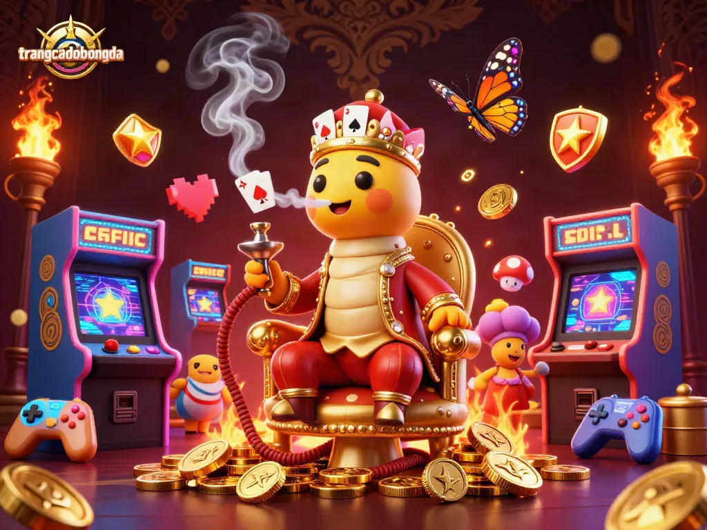 Engage with the trangcadobongda experience, featuring a lively caterpillar hookah-master and rich casino-themed graphics.