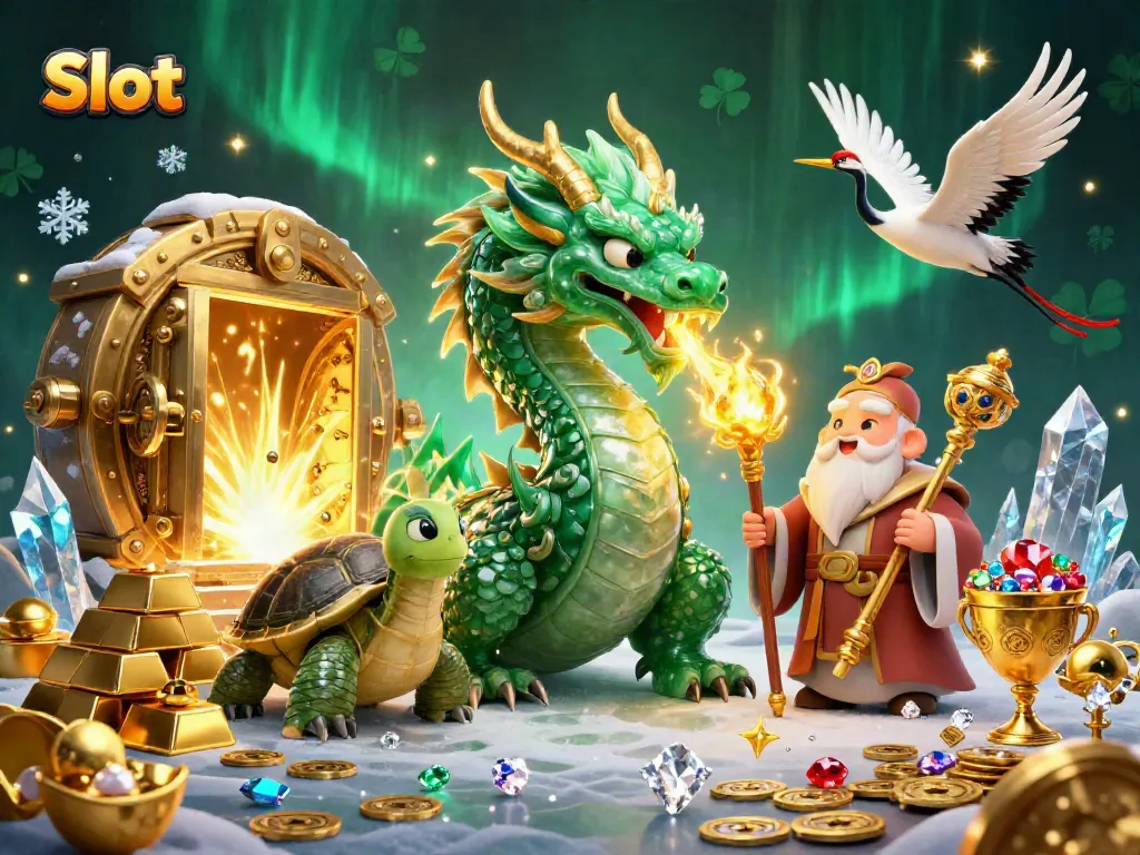 Spin big wins with Slots in a vibrant 3D casino scene featuring a jade dragon and treasures.