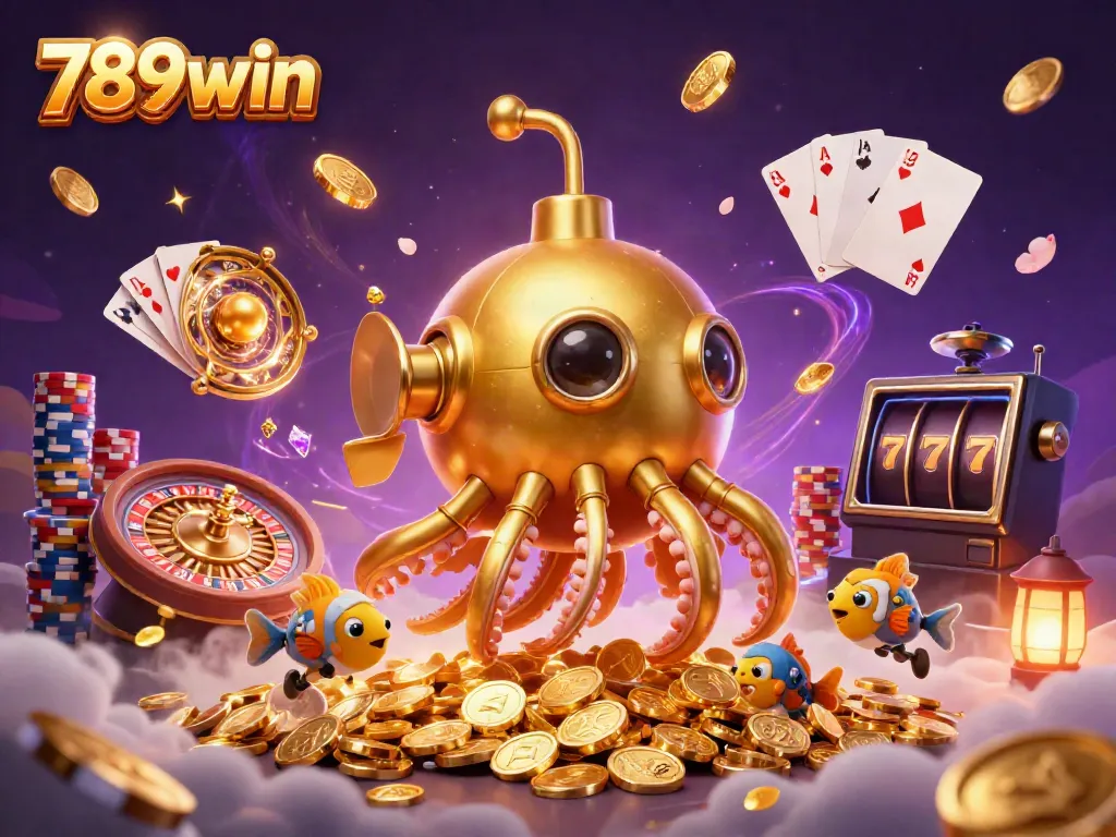 Enjoy the exhilarating experience of 789win with a dynamic scene of a golden kraken and casino elements.