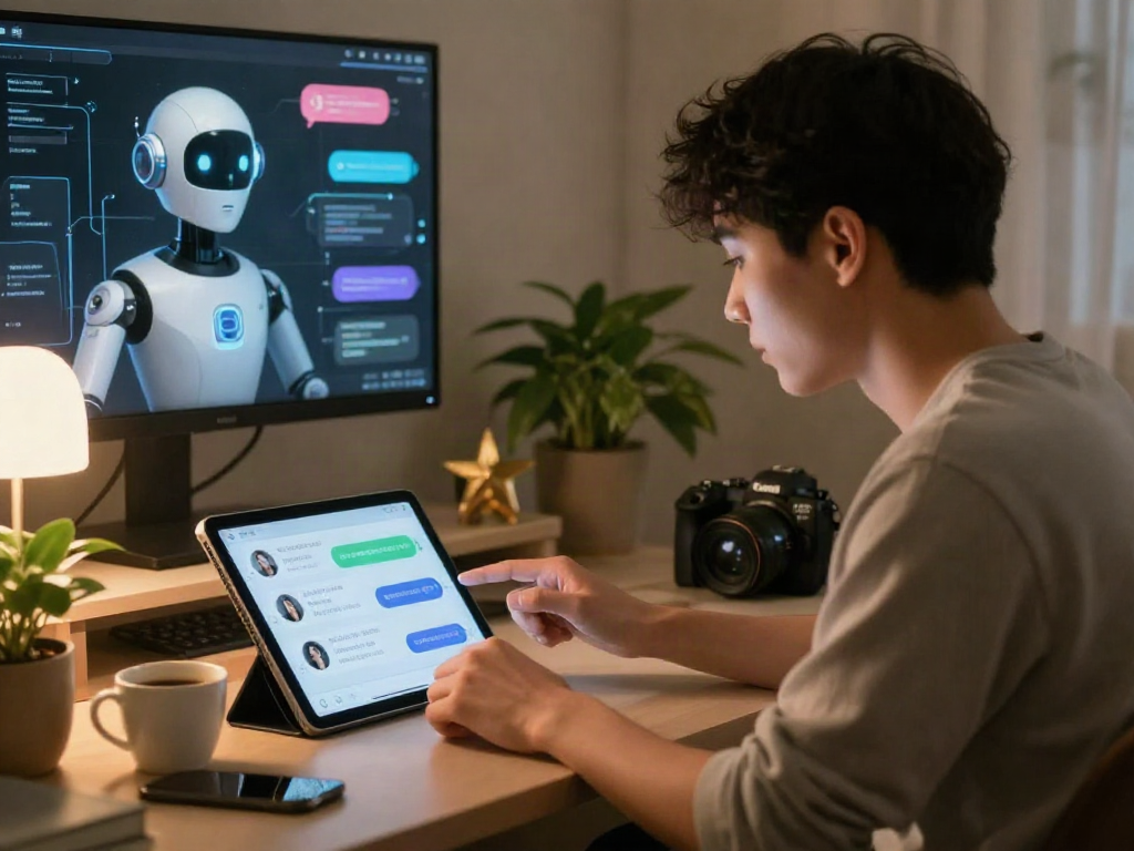 Engaging sex ai chat interaction in a cozy virtual space with user avatar and AI chatbot.