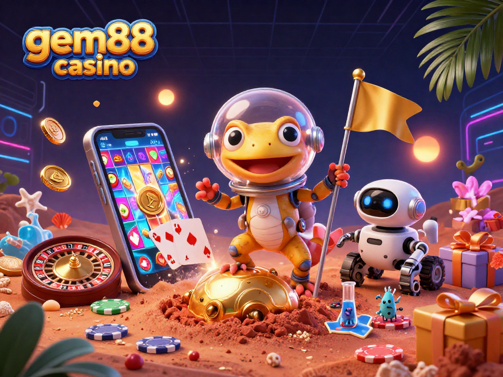 Join the fun at gem88 casino with a Martian gecko exploring a golden casino environment.
