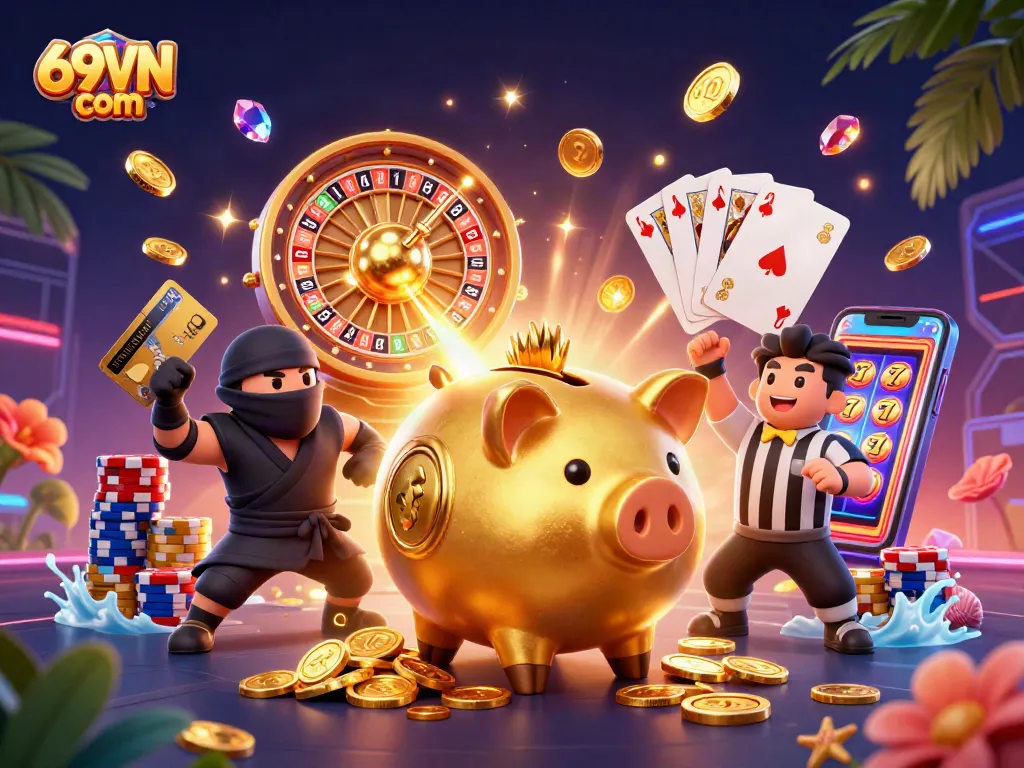 Spin and win with exhilarating games at 69VN com featuring golden coins and vibrant casino elements.