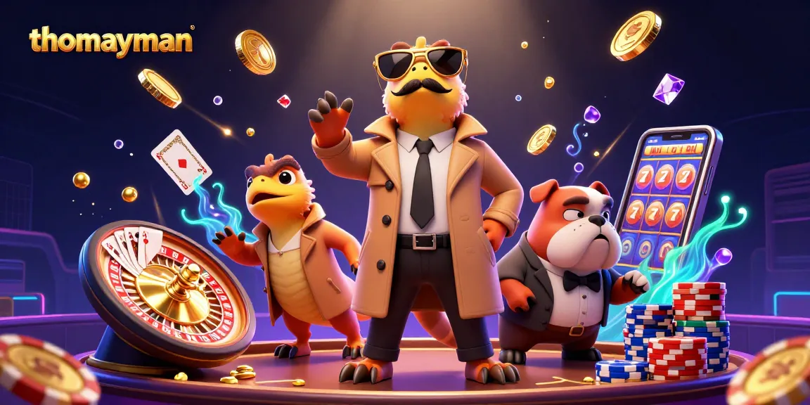 thomayman offers thrilling gameplay with cartoon raptors in a VIP casino scene, surrounded by vibrant gaming elements.