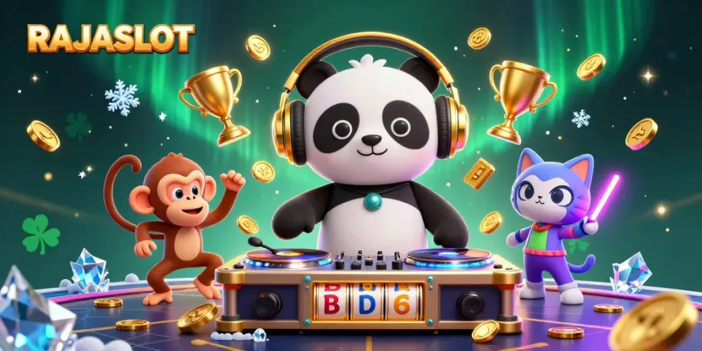 RAJASLOT menyajikan pengalaman bermain slot dengan DJ panda dan karakter lucu dalam suasana ceria.