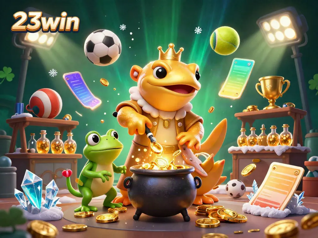Join the 23win adventure with alchemist and assistants crafting riches in a vibrant casino scene.