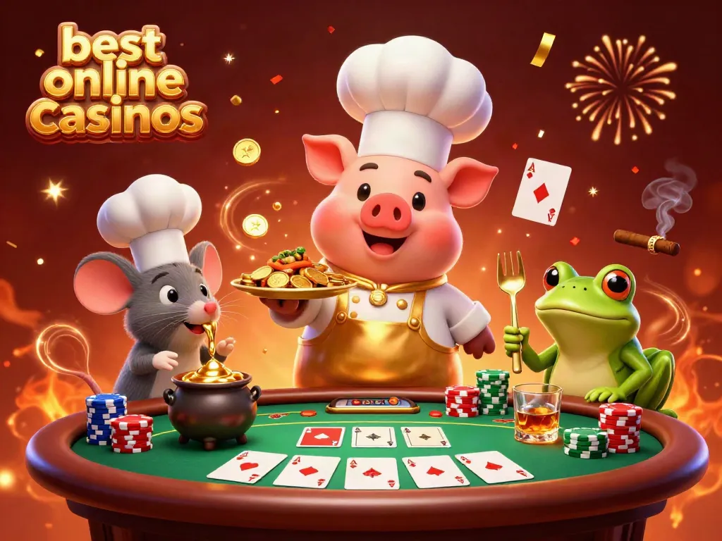 Experience the best online casinos with lively characters celebrating gold winnings and poker excitement.