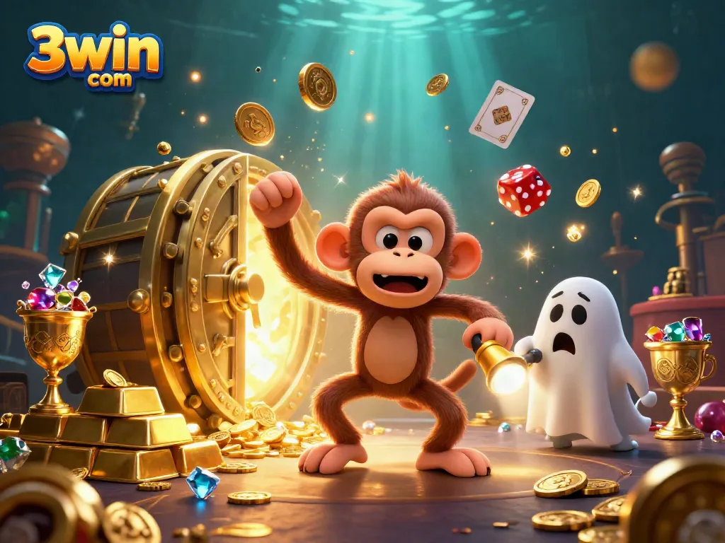 Experience thrilling moments at 3win com as a playful monkey juggles gold in a haunted casino.