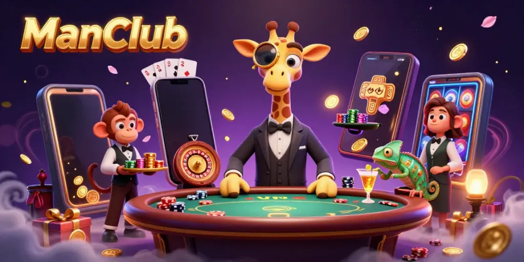 Engage with the immersive ManClub experience through a vibrant casino scene featuring a high-roller giraffe, monkey valet, and chameleon bartender.
