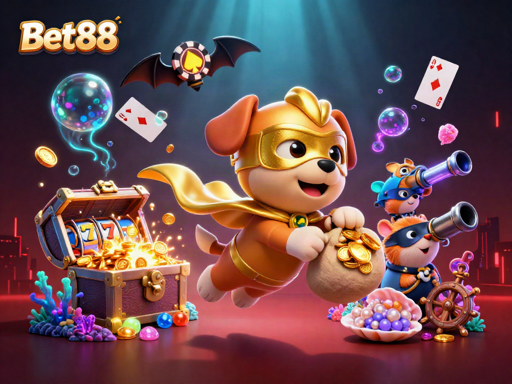 Bet88 superhero dog and sidekick celebrate wins in an exciting casino-themed adventure.