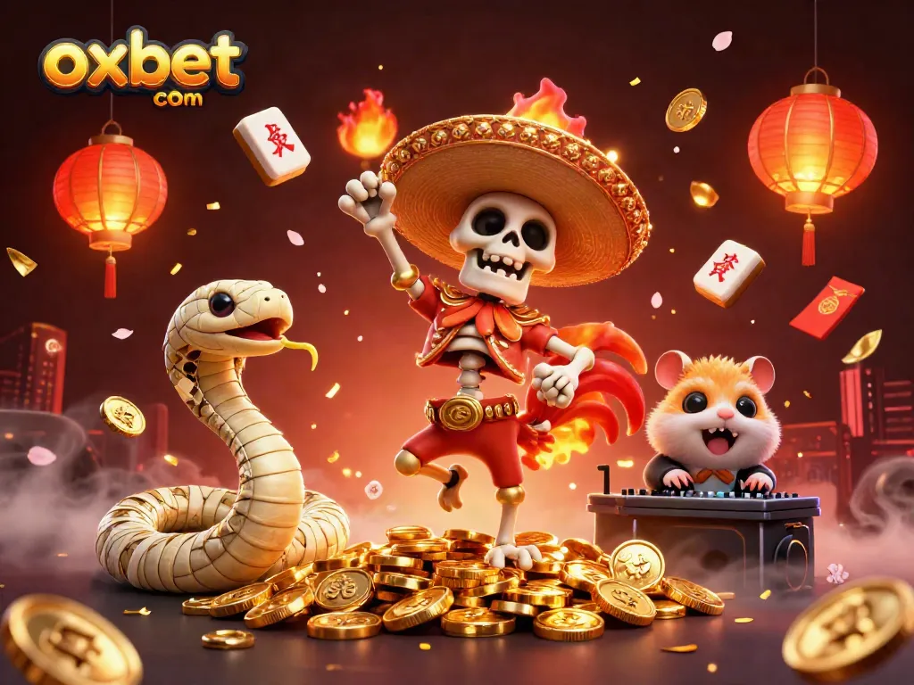 Experience winning at oxbet com with a vibrant 3D casino illustration featuring dynamic characters and festive elements.