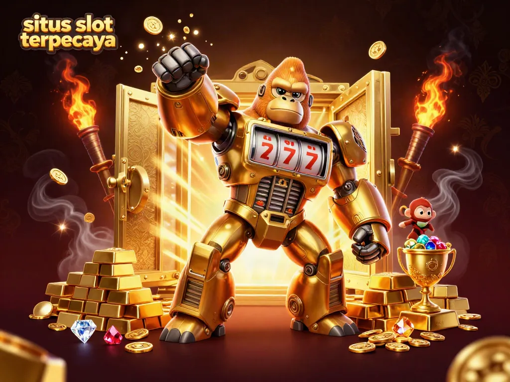 Engage with situs slot gacor terpercaya through a thrilling scene of a gorilla mech amid treasures and slot symbols.