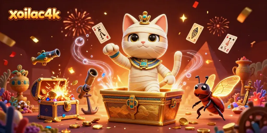 Win big at xoilac4k with a dynamic scene featuring a mummy cat and treasure in a vibrant casino setting.