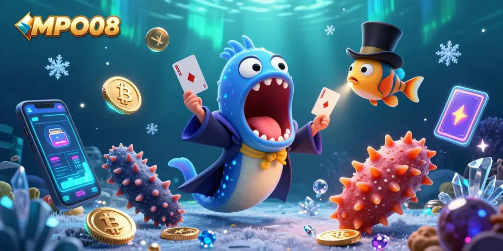Engage with MPO08 in an underwater magic-themed casino scene showcasing vibrant elements.