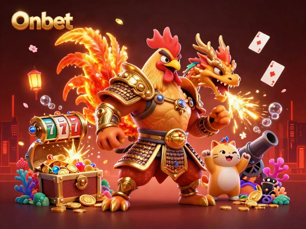 Onbet showcases a dynamic gambling scene featuring a fighting rooster, dragon, and fortune cat amidst vibrant gaming elements.