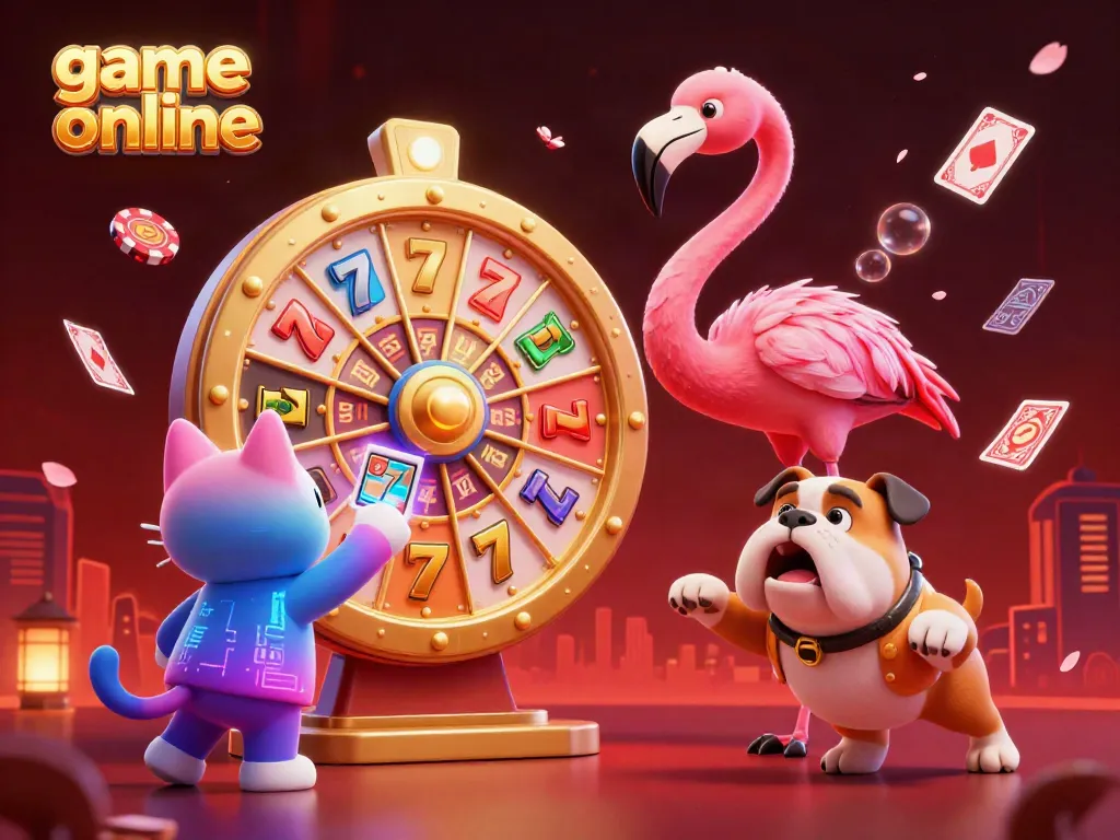 Play exciting game online as a flamingo host spins the jackpot wheel with colorful symbols.