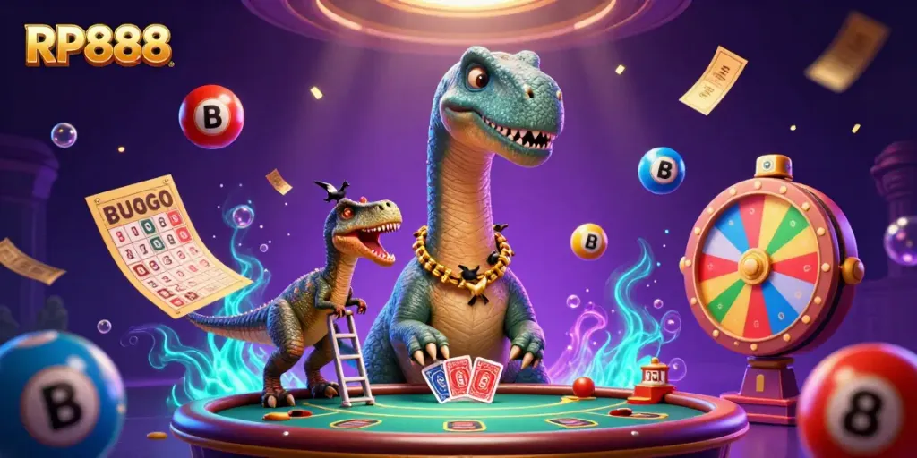 Engage with RP888 as a playful brontosaurus towers over a poker table while a raptor deals cards amidst vibrant casino elements.