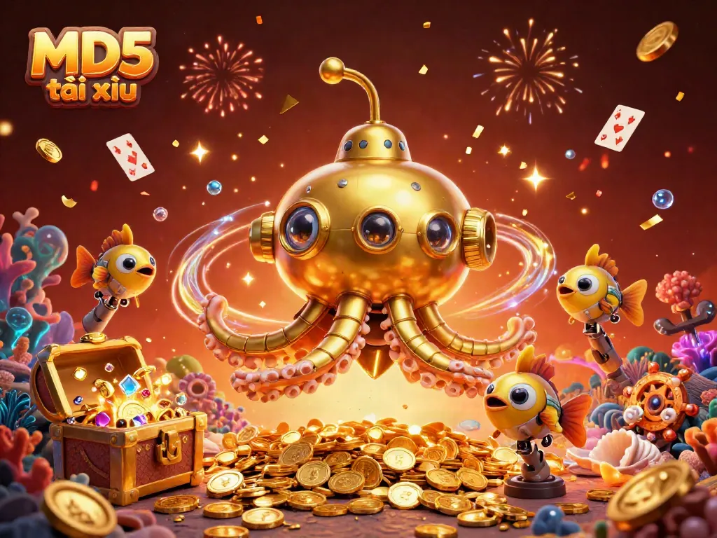 Experience the excitement of MD5 tài xỉu with a vibrant, immersive treasure scene filled with gold and animated characters.