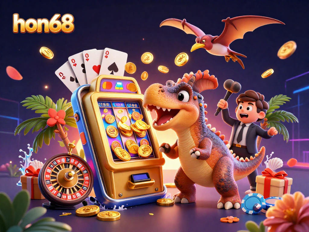 Experience thrilling jackpots at hon68 with a playful pachycephalosaurus and exciting casino elements.