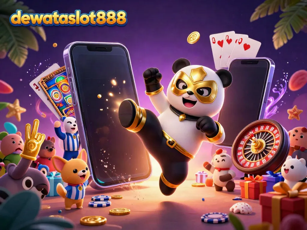 Permainan capsa susun di dewataslot888 dengan panda pejuang dan penonton lucu.