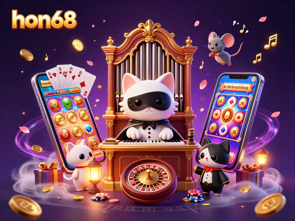 Experience the vibrant gaming scene at hon68, featuring playful cat characters and casino elements.